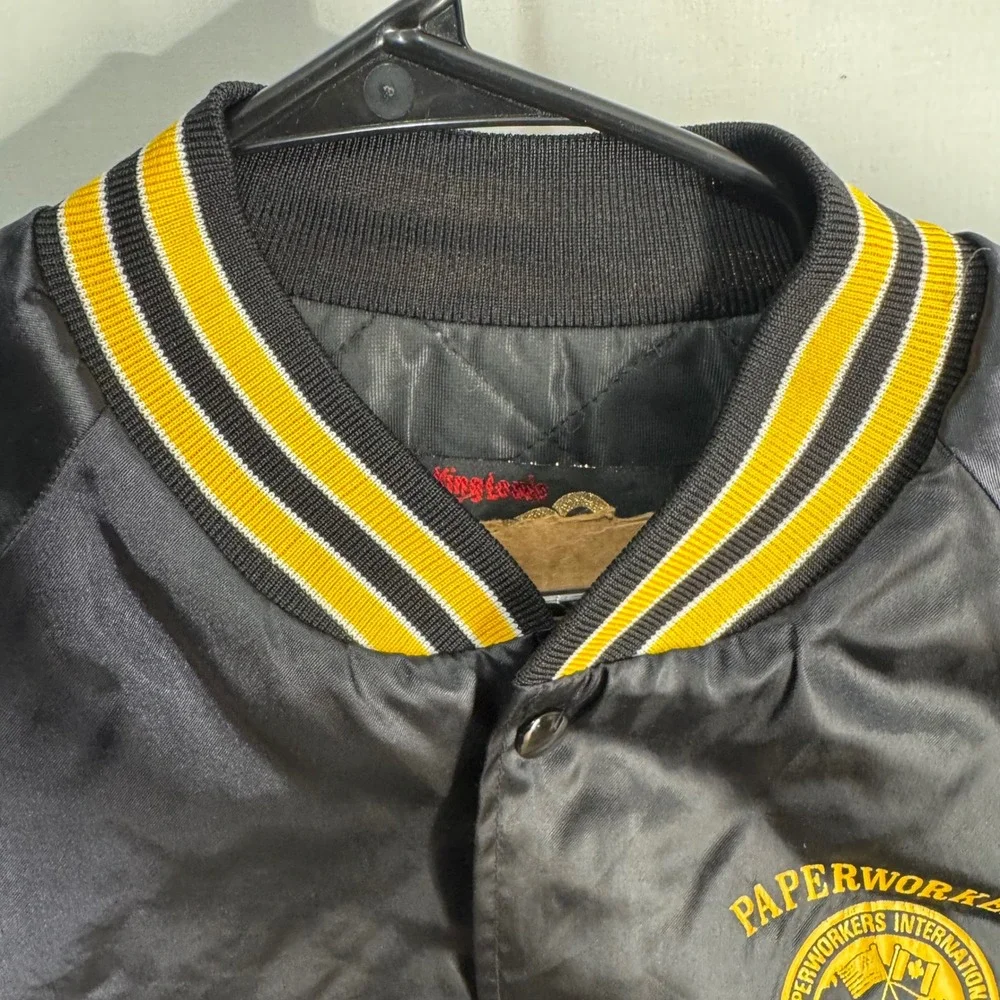 King‎ Louie Pro Fit Bomber Jacket Men L Black Paperworkers Union Satin Vintage